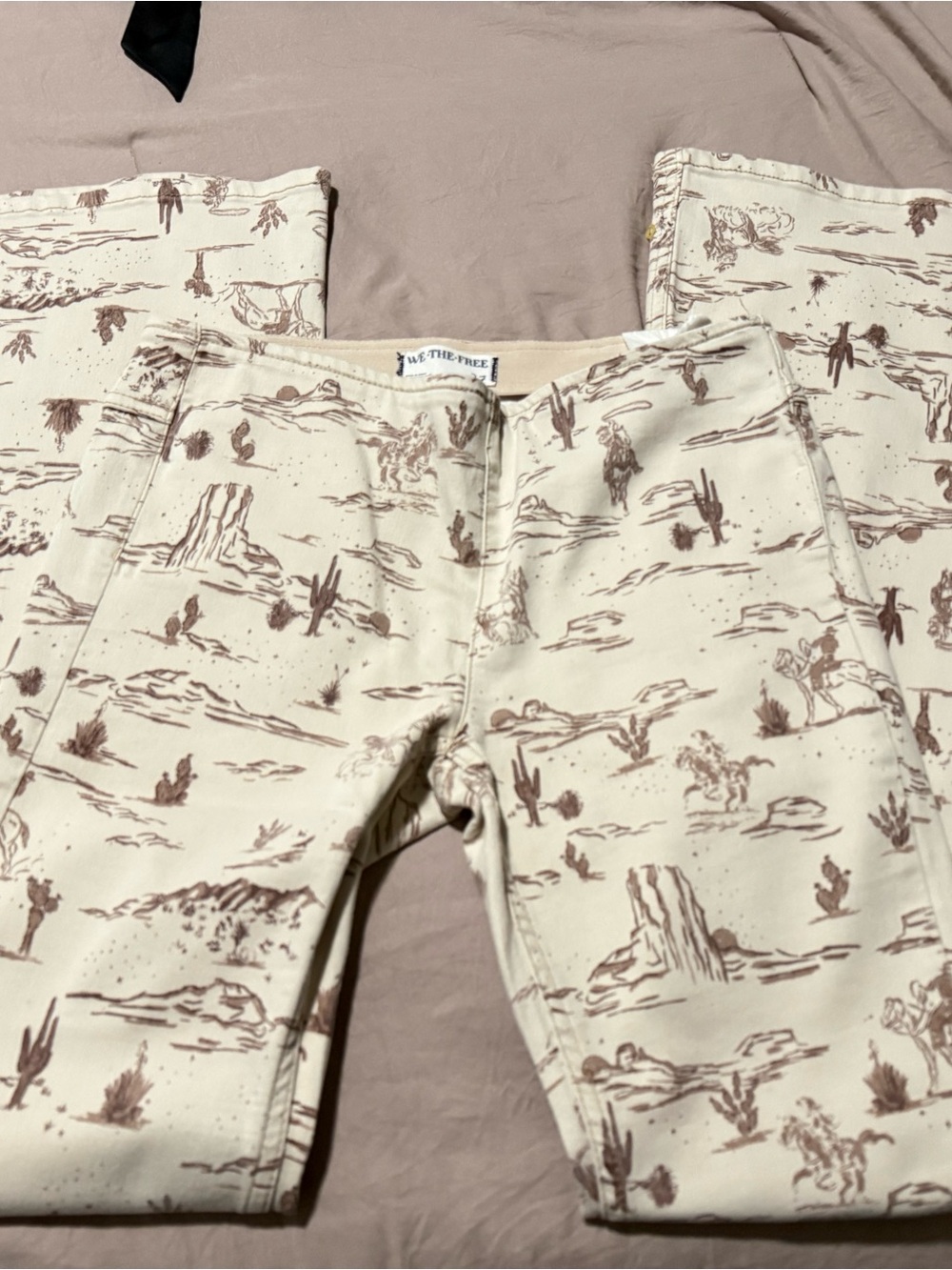 Free People Cream Boot-Cut Jeans with Brown Western Print